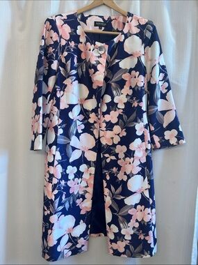 John Meyer Collarless Charming Floral Longline Coat- Navy & Pink 10, Lined EUC